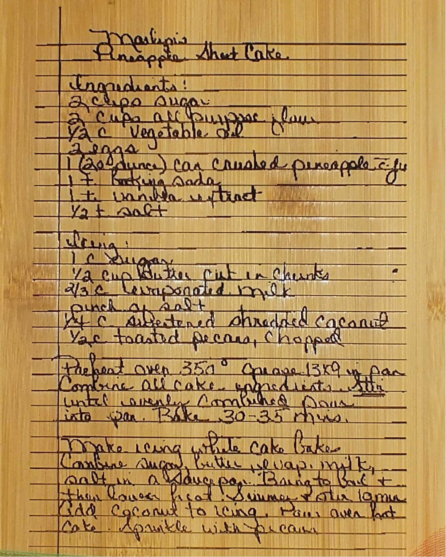 Bamboo cookbook stand/easel with your treasured handwritten recipe or note.