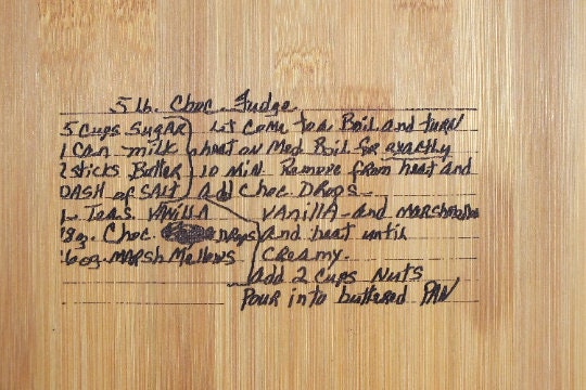 Bamboo cookbook stand/easel with your treasured handwritten recipe or note.