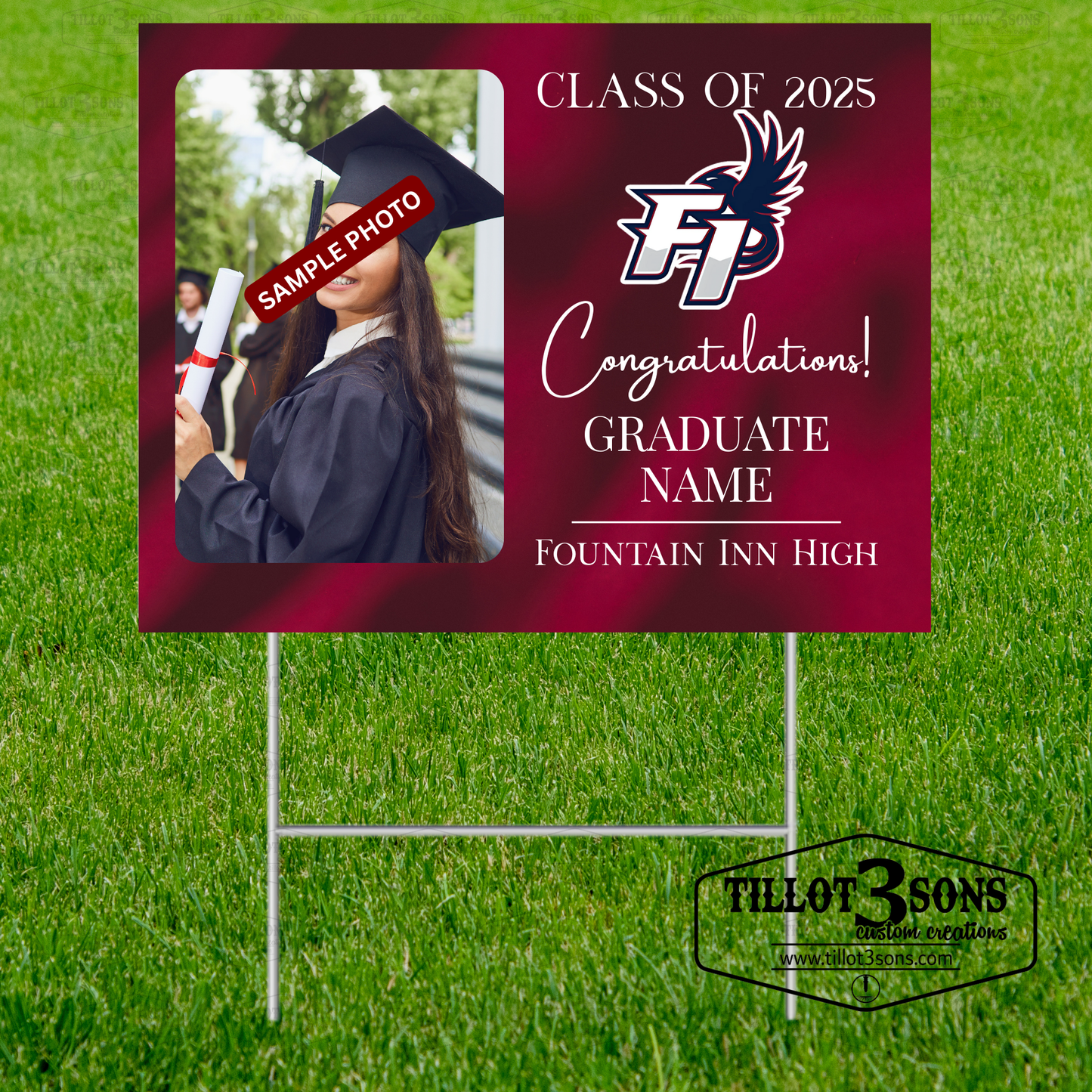 Graduation Yard Signs - Custom made with School Mascot and Graduates Photo