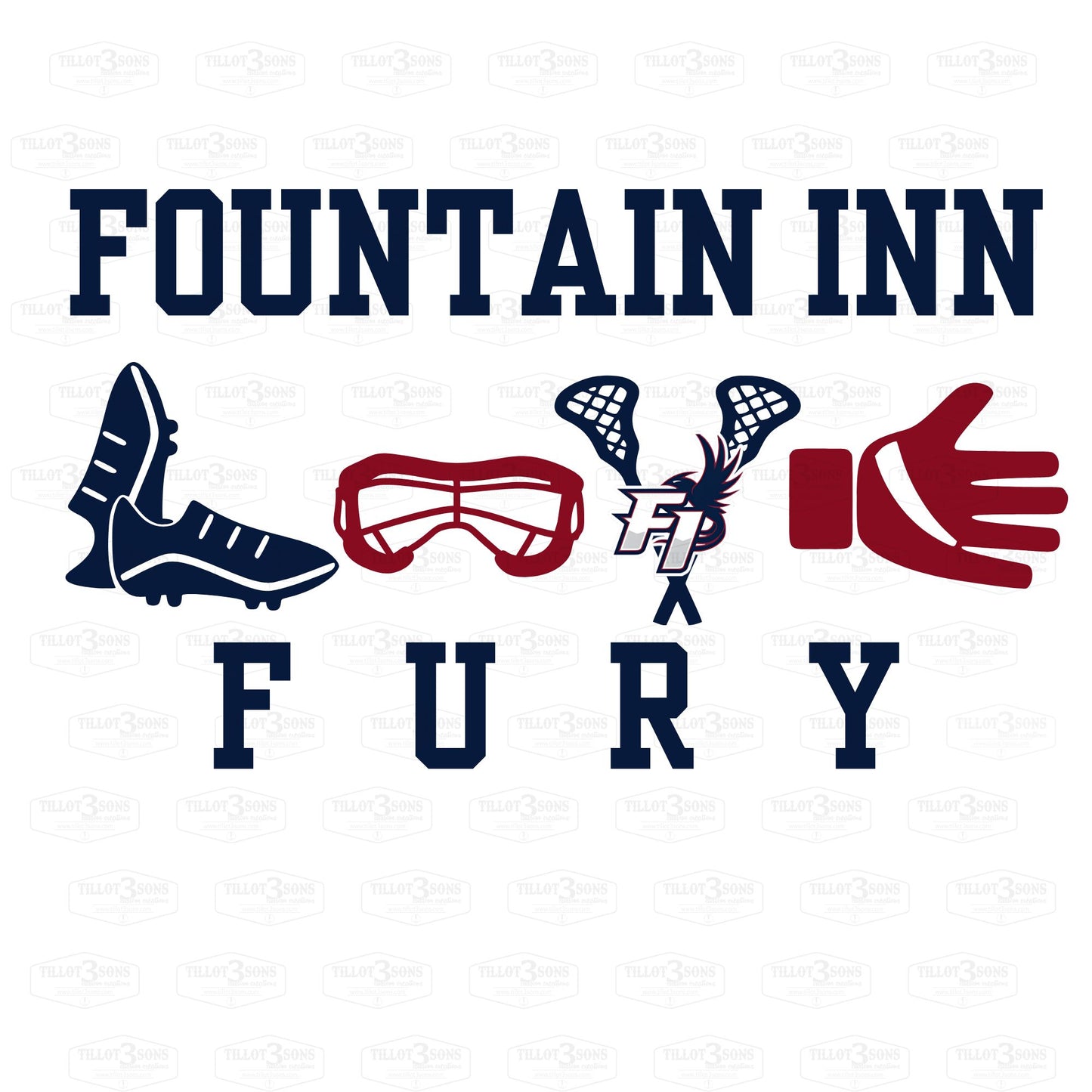 Lacrosse Equipment Collage with Fountain Inn Fury logo
