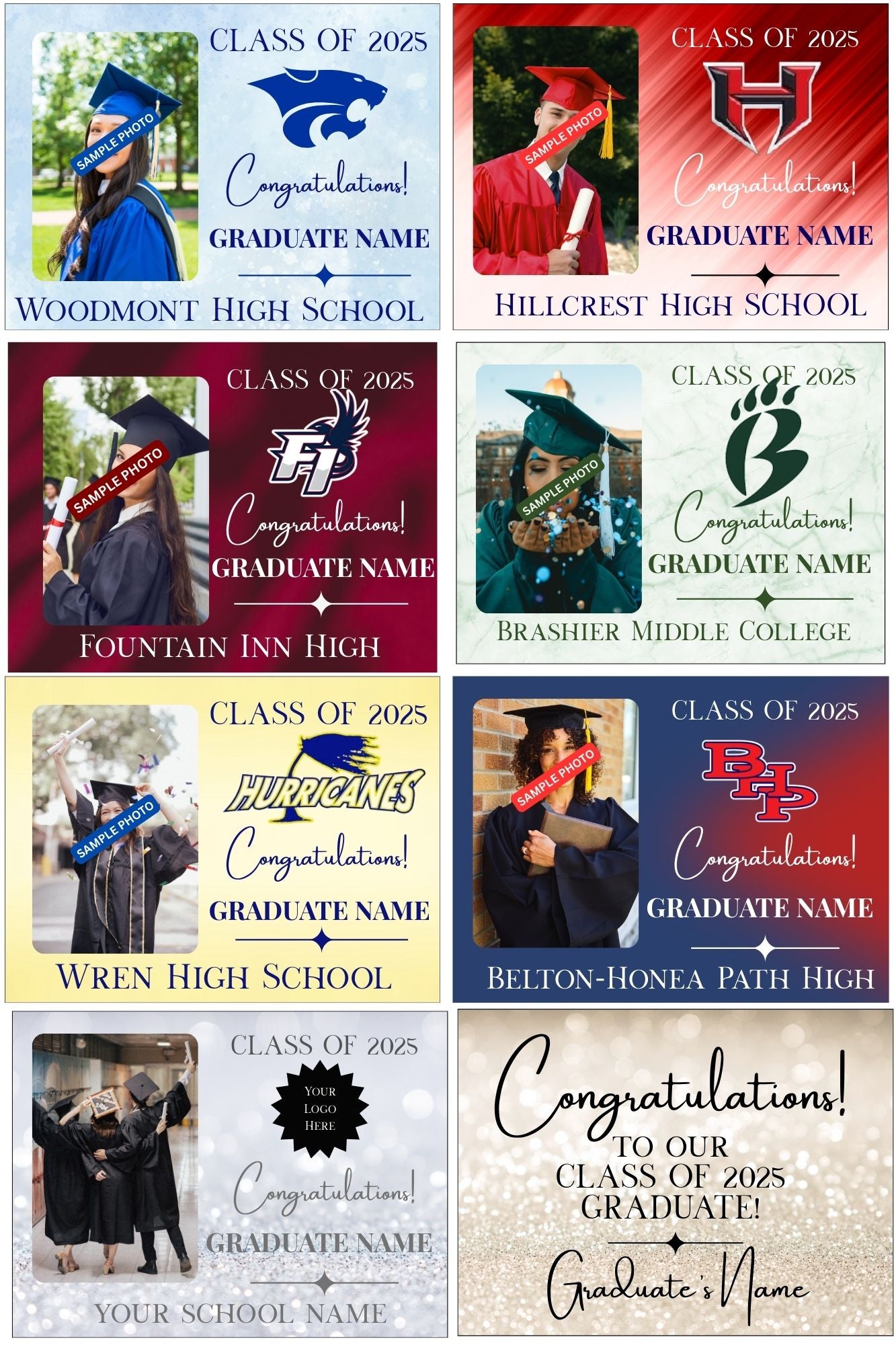 Graduation Yard Signs - Custom made with School Mascot and Graduates Photo