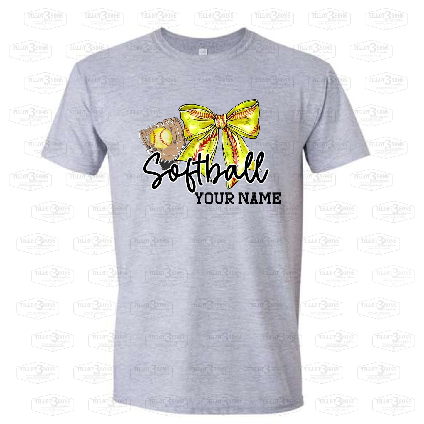 Softball with Coquette Bow and Your Name Graphics T-Shirt