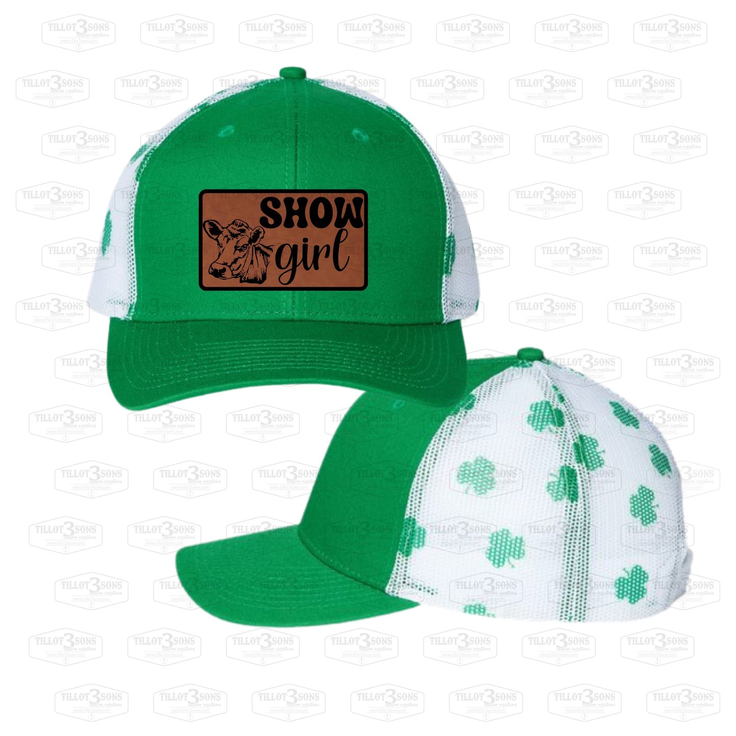 Kelly Green hat with Clover printed mesh with Farm & Club custom patches