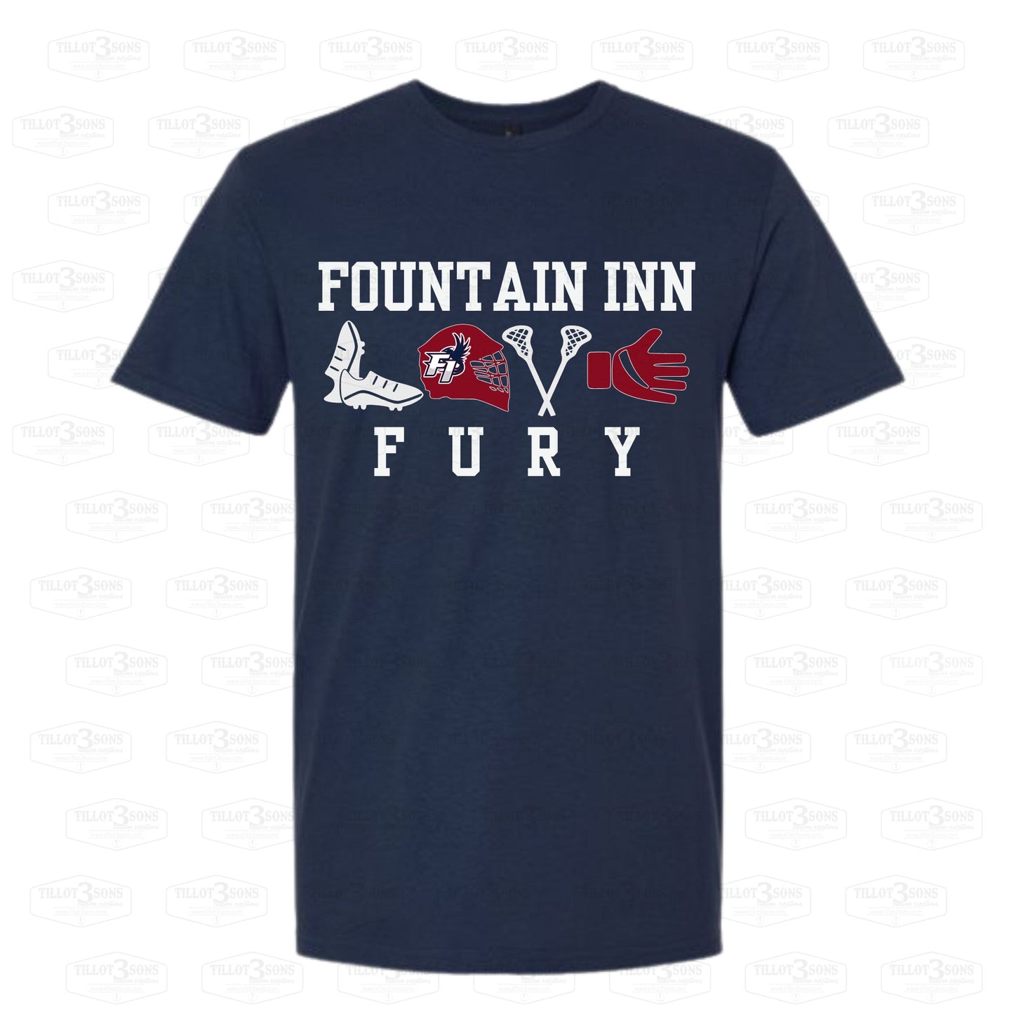 Lacrosse Equipment Collage with Fountain Inn Fury logo