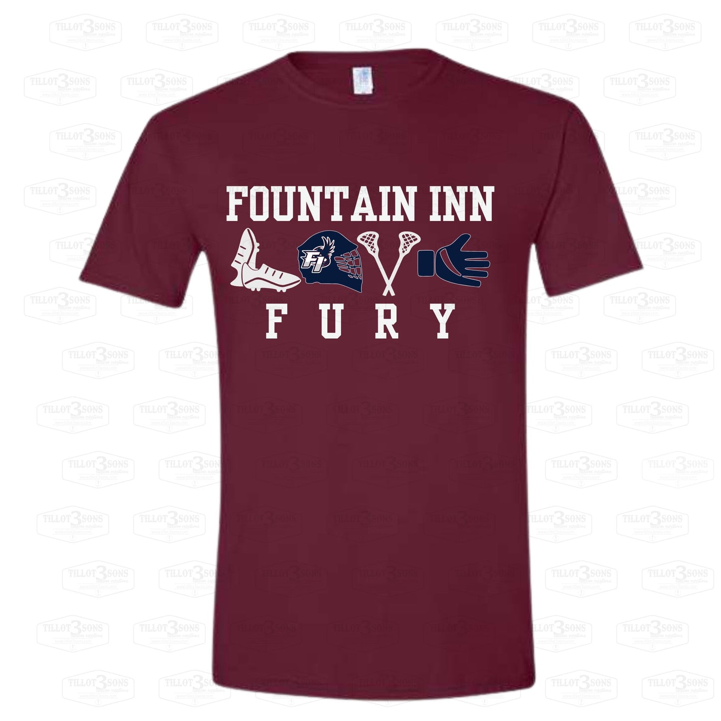 Lacrosse Equipment Collage with Fountain Inn Fury logo