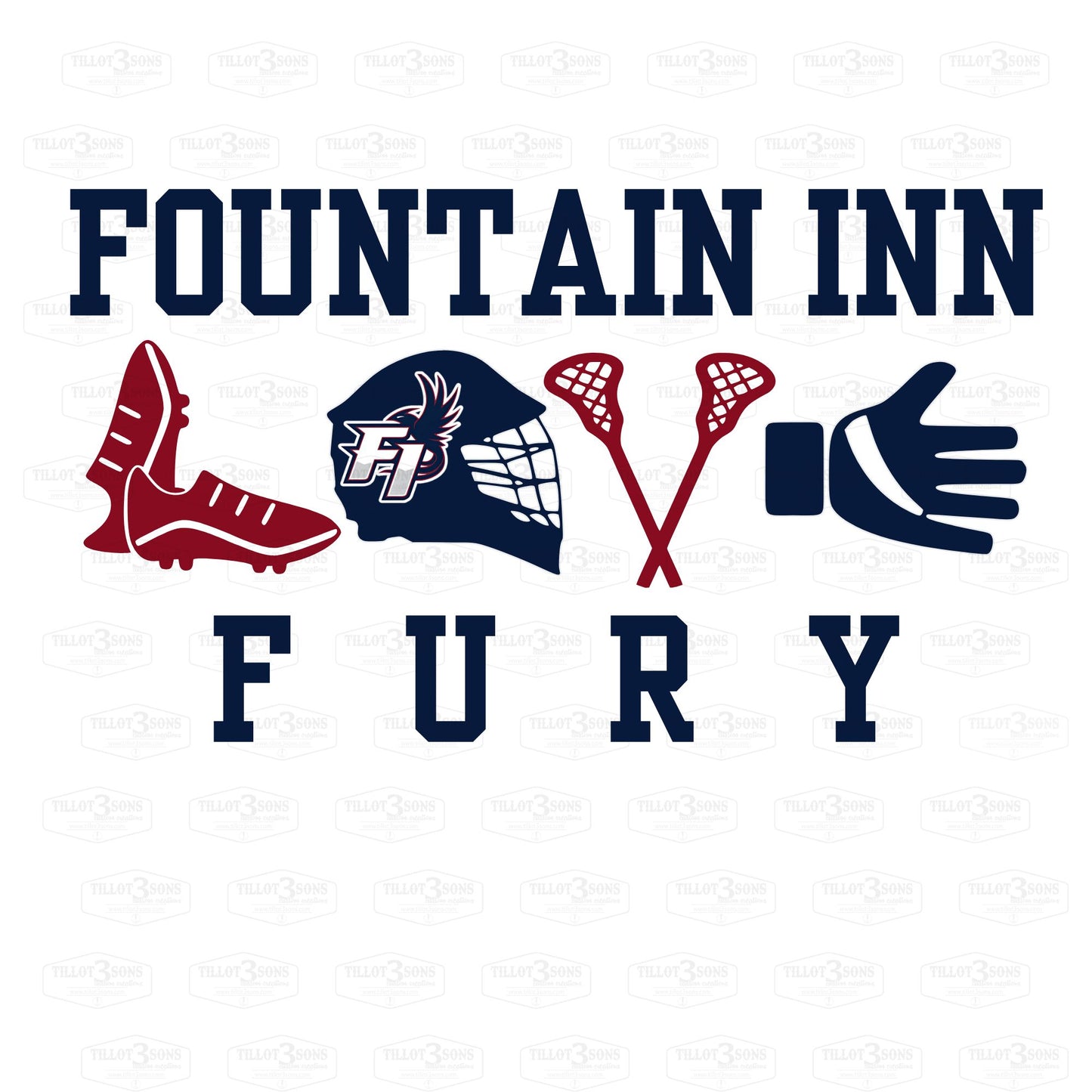 Lacrosse Equipment Collage with Fountain Inn Fury logo