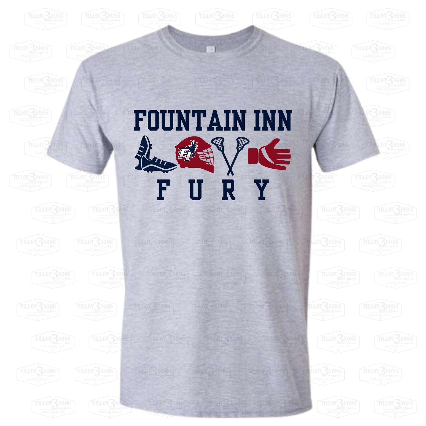 Lacrosse Equipment Collage with Fountain Inn Fury logo