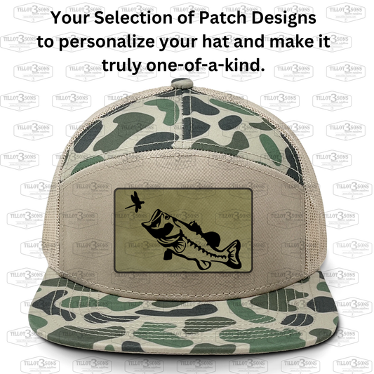 Mossy Oak, Realtree, Duck Camo, Fishing Patch Designs on Richardson, Lost Hat Co, Zapped & Dri-Duck brand hats.  Bass/Crappie Fish Logos