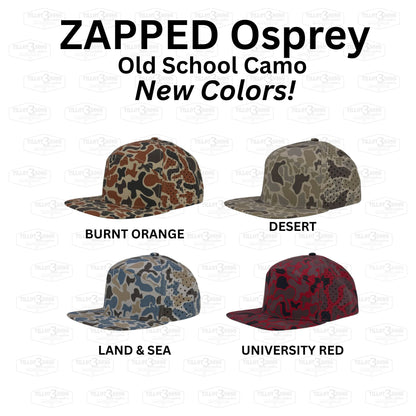 Zapped Osprey Camo hats with optional laser engraved patch
