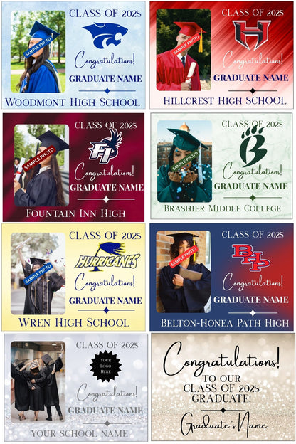 Graduation Yard Signs - Custom made with School Mascot and Graduates Photo
