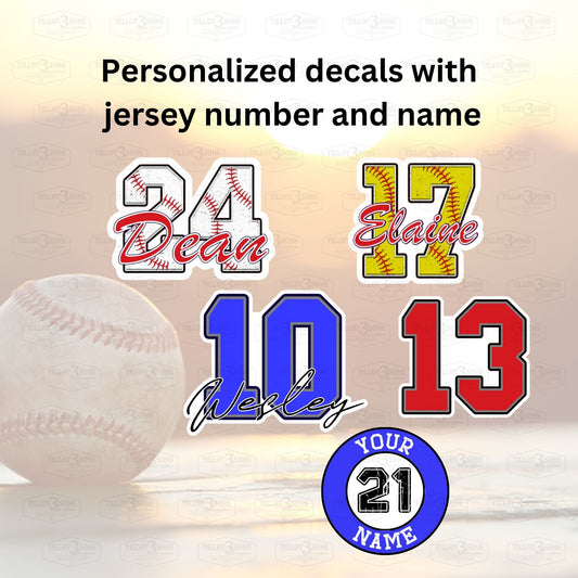 Baseball or Softball Number & Name Decals for Helmets, Bats, Water Bottles and more